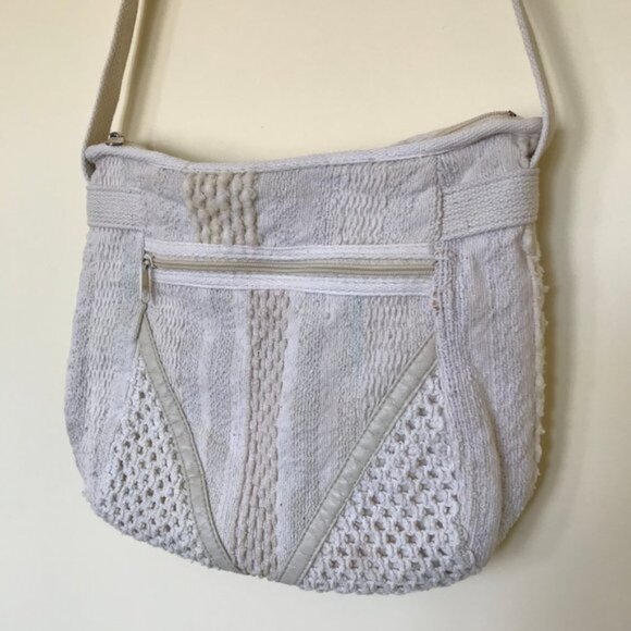 Textured Woven Fabric Purse Shoulder Bag Vintage 90s Neutral Crochet 9x11 - Picture 5 of 10